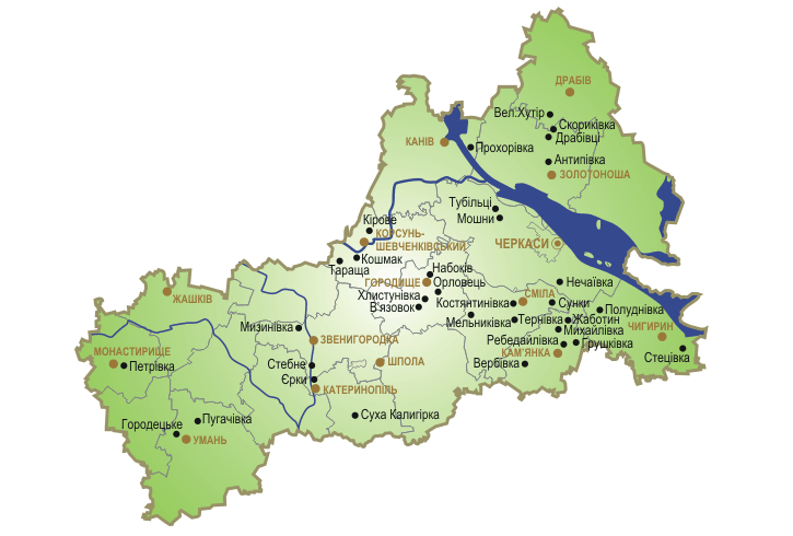 Схема розташування пам'яток у Черкаській області